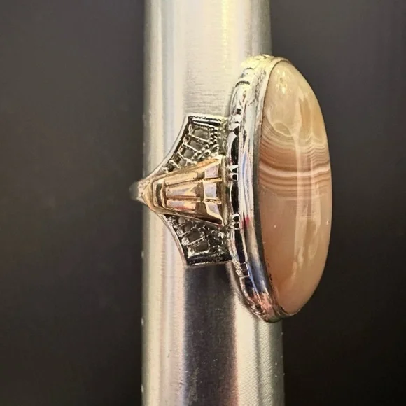 VTG Agate Pinky Ring Sterling Silver & 10K GF Long Oval Cabochon